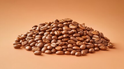 Poster - A pile of coffee beans on a warm terracotta background with soft shadows and blank space.