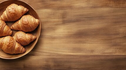 Poster - A plate of freshly baked French croissants with golden brown layers, placed on a rustic wooden table, with empty space for text.