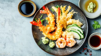 Poster - A top-down shot of Japanese tempura battered vegetables and shrimp served on a plate, surrounded by clean space.