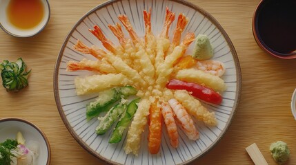 Poster - A top-down shot of Japanese tempura battered vegetables and shrimp served on a plate, surrounded by clean space.