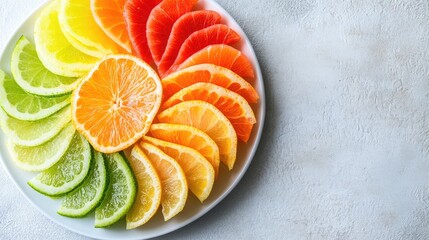 Aufkleber - A top-down view of colorful sashimi slices arranged on a white plate with soft light and space for text.