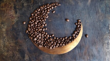 Poster - A top-down view of coffee beans forming a crescent moon shape on a dark wooden surface.