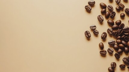 Poster - A top view of coffee beans arranged in a diagonal line on a smooth beige background.