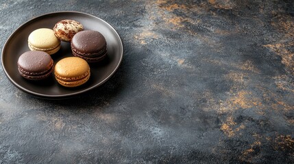 Poster - A top view of French macarons in various colors, beautifully arranged on a plate with ample empty space around them.
