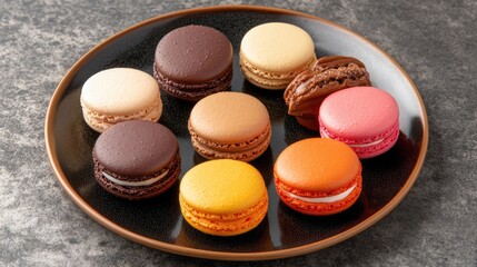 Poster - A top view of French macarons in various colors, beautifully arranged on a plate with ample empty space around them.