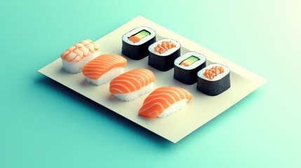 Poster - A traditional Japanese sushi platter with a variety of rolls and nigiri, served on a rectangular dish, with ample empty space for branding.