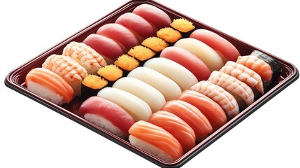 Poster - A traditional Japanese sushi platter with a variety of rolls and nigiri, served on a rectangular dish, with ample empty space for branding.