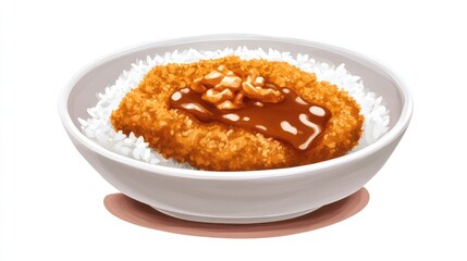 Poster - A traditional Japanese katsu don breaded pork cutlet on rice, garnished with a sauce, with space around it for customization.