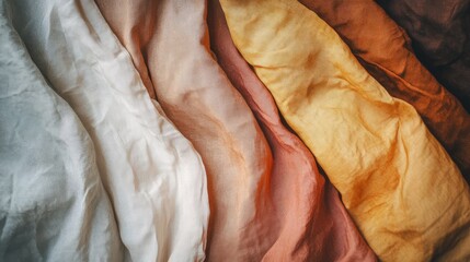 Poster - Earth-toned fabric swatches arranged in a neat composition with plenty of blank space around them.