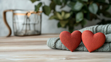 Cozy Warmth of Love and Affection with Heart Shapes and Soft Textiles on Natural Wood Background