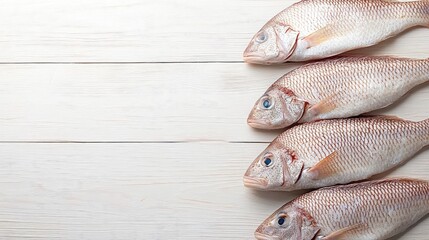 Poster - Fresh raw fish pieces neatly arranged on a light-colored wooden table, leaving space for your design.