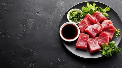 Poster - Fresh sashimi served with soy sauce and garnishes, arranged neatly on a dark surface with copy space.