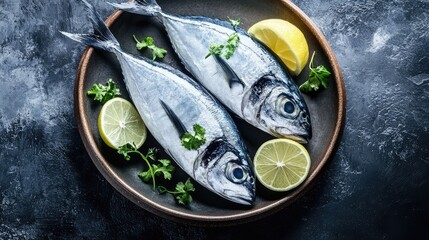 Poster - Raw fish arranged on a ceramic plate, with a few garnishes, placed on a soft surface with plenty of space.