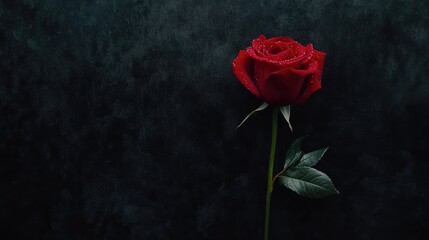 Poster - Single bright red rose with dewdrops on a black velvet background, creating dramatic contrast with ample negative space.