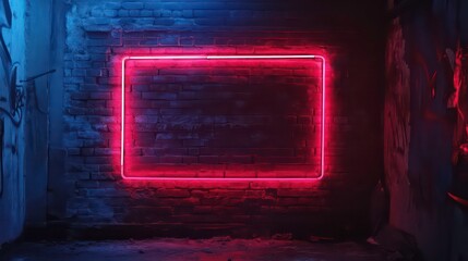 Poster - Red and blue neon light frame on brick wall in dark empty room , neon lights, red, blue, brick wall, dark, empty room