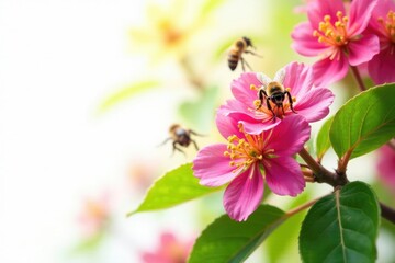 Wall Mural - Colorful linden flowers and surrounding honeybees against a white background, nature, linden flowers, honeybee