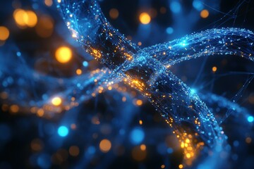 Fototapete - Abstract network: glowing blue and orange strands intertwine