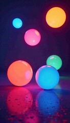 Glowing orbs float above the floor, pulsing in unison with rhythmic movements, rhythm, dance, glow