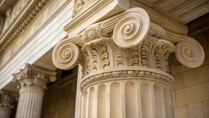 Fototapete - Close-up of Ionic capital with spiral volutes and leaf patterns. Classical architectural detail showing expert stone craftsmanship. Concept of: architectural history, classical design, heritage 