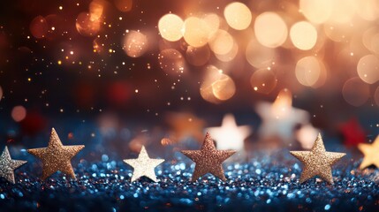 Poster - Red, white, and blue background with glittering stars and bokeh effect National Day, gold stars, silver stars, abstract swirls, festive celebration, 4th of July theme