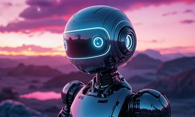 Fototapete - Robot sunset landscape futuristic AI technology