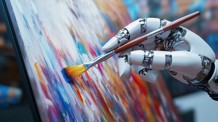 Poster - robotic hand with paintbrush painting picture, robot finger hold brush, draw art, artificial intelligence