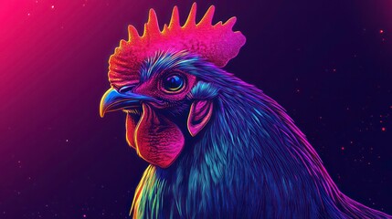 Wall Mural - rooster with colorful neon retrowave background. synthwave rooster. illustrations