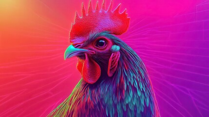 Wall Mural - rooster with colorful neon retrowave background. synthwave rooster. illustrations