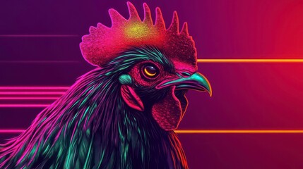 Wall Mural - rooster with colorful neon retrowave background. synthwave rooster. illustrations