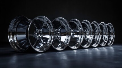 Wall Mural - row of shiny alloy rims standing on dark background