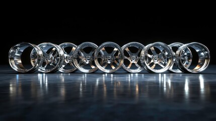Wall Mural - row of shiny alloy rims standing on dark background