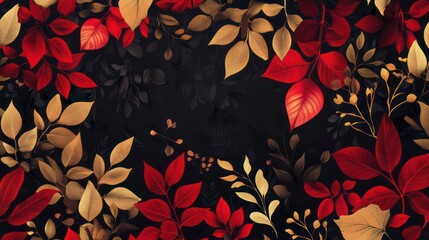 Poster - Seamless autumn leaves pattern featuring red and gold foliage on dark background