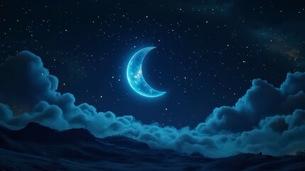 Wall Mural - shiny surreal blue moon glowing in the dark night sky with stars and clouds background for space, ga