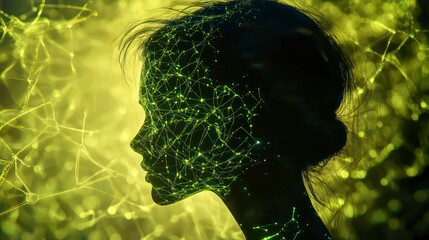 Poster - Silhouette of a female head surrounded by glowing green neural connections symbolizing the merging of human cognition and artificial intelligence in a futuristic concept