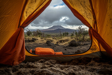 Wall Mural - View of Mt. from inside the camping site with views of the volcano in Mt. flowing lava