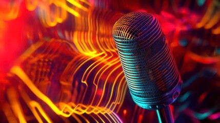Poster - stylized image of retro microphone on a colorful background with digital sound waves, abstract and m