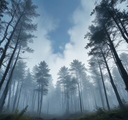  Dense forest with silhouetted trees against blue sky and misty atmosphere, mist, forest, wildlife
