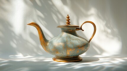 Antique teapot with gold accents in sunlit room with leaf shadows