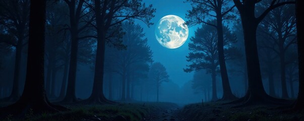 full moon in forest darkness, shadows, howling, night
