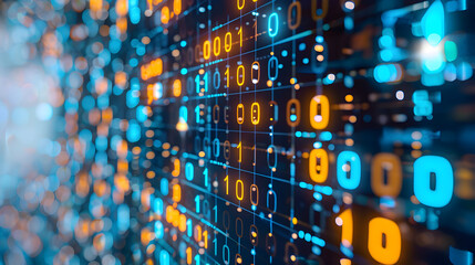 Digital binary code representation with glowing numbers.