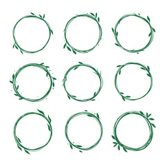 Poster - Hand Drawn Green Leaf Wreath Set, Botanical Circle Frames for Logos & Invitations