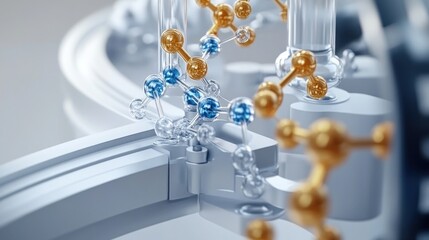 Poster - Abstract Molecular Structure: A 3D Rendering of Interconnected Molecules in a Futuristic Technological Setting