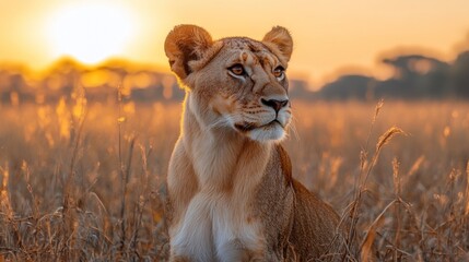 Wall Mural - lioness portrait with golden sunrise in african savanna grass landscape