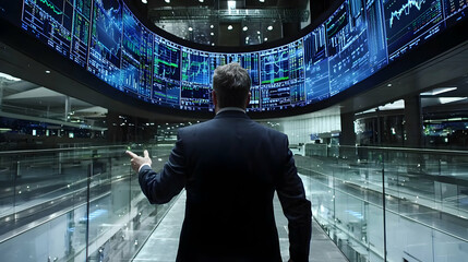 Poster - Businessman surveys global market data on curved screens