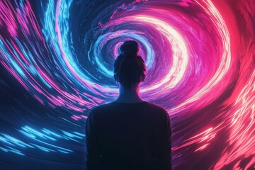 Neon data streams swirling into vortex with silhouette - futuristic technology concept