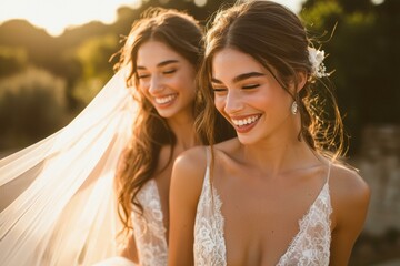 Poster - Two brides smiling in the golden sunlight. AI.