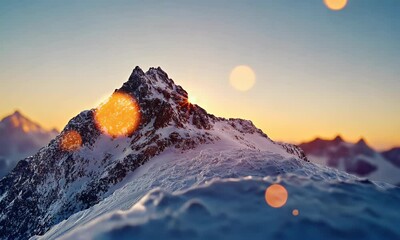 Poster - Snowy mountain peak sunset, winter landscape, bokeh
