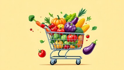 Fresh vegetables and fruits shopping online, online grocery shopping and online order, 3d rendering.