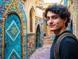 © Natalia - A young man smiles in a colorful alleyway. AI.