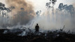 © Amiril - A lone man, silhouetted against a background of forest fires and fog
